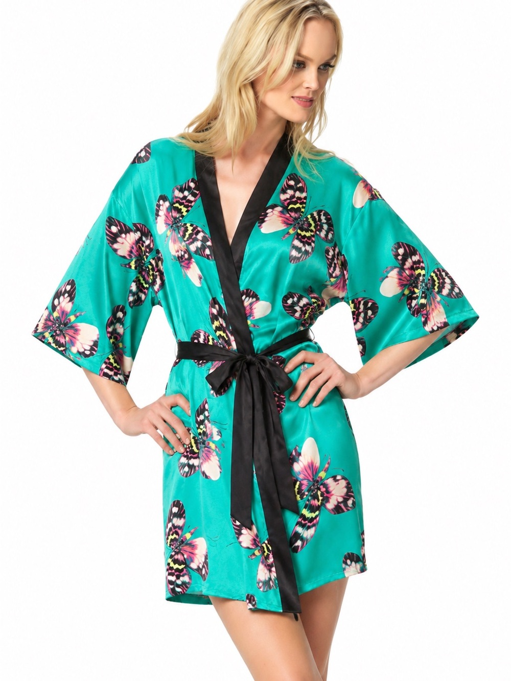 Felina, Jezebel Teal Butterfly Satin Kimono Robe with Black Trim